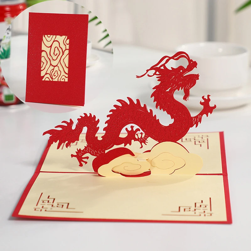

Китайский новый год красный дракон 3D вверх поздравительная открытка лазерная резка открытка полый резной Киригами ручной работы Подарочная открытка с конвертом
