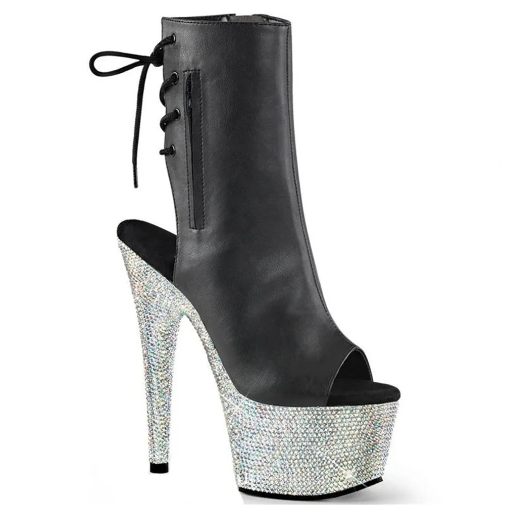 

open toe, Sole rhinestone decoration high heel pole dancing ankle boots, 15-17cm large size nightclub model sexy shoes