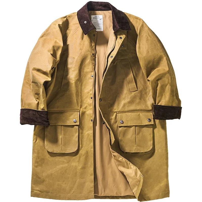 

Oil-wax Men's Trench Coat Long Loose Waterproof Military Windbreaker Safari Biker Jacket Spring Autumn Outdoor Vintage Clothes