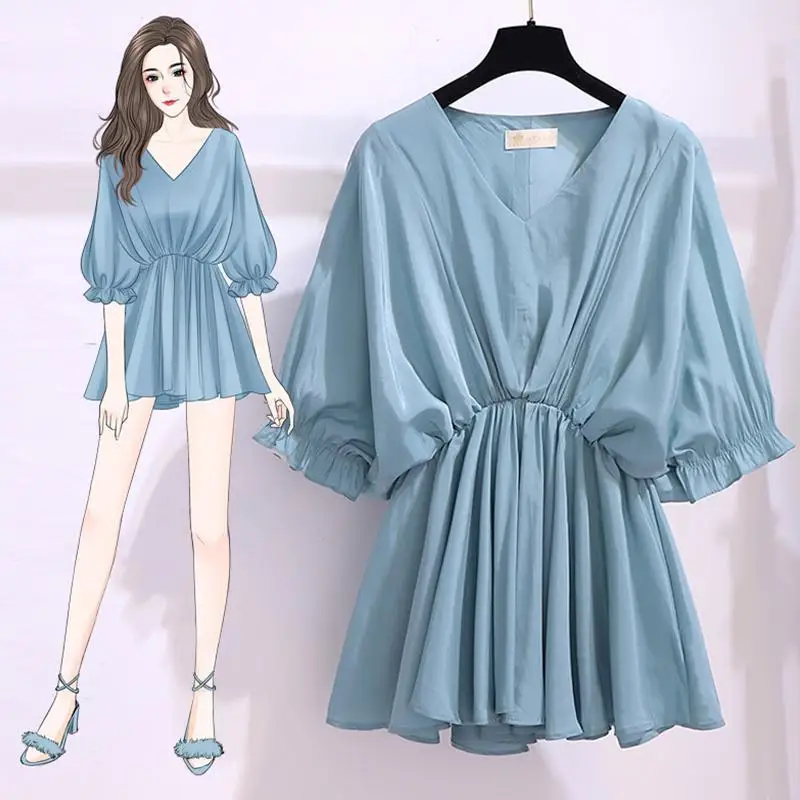 

Women's Clothing Commute Solid Color All-match Blouse Fashion V-Neck Summer Short Sleeve Casual Ruffles Spliced Shirring Shirt