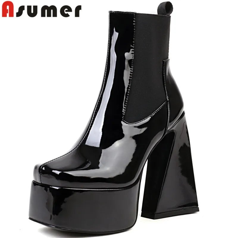 ASUMER 2024 Size 35-46 New Slip On Patent Leather Ankle Boots Thick High Heels Boots Woman Ladies Winter Platform Shoes
ASUMER 2024 Size 35-46 New Slip On Patent Leather Ankle Boots Thick High Heels Boots Woman Ladies Winter Platform Shoes