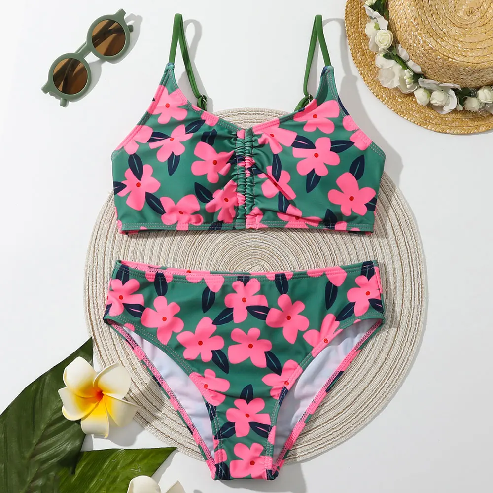 

2022 Floral Print Girl Swimsuit Kids Ruched Front Bikini Set 7-14Years Two Piece Children's Swimwear Teen Bathing Suit Beachwear