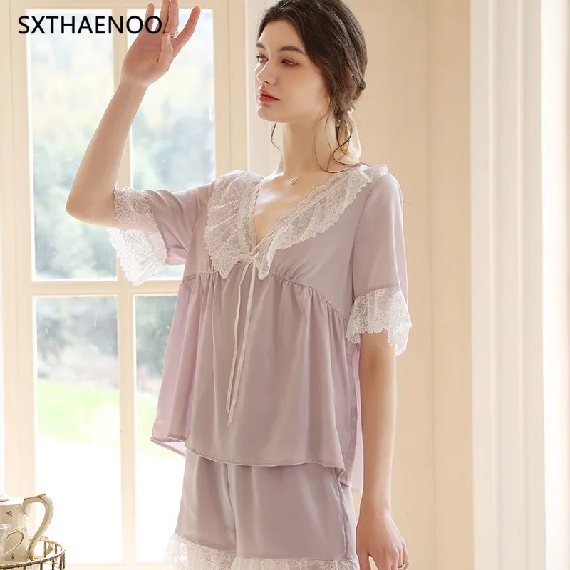 SXTHAENOO 2023 New Summer Women's French Purple Lace Pajamas Set Loungewear Sleepwear for Women 2 Pieces Short Sleeve Pyjama
SXTHAENOO 2023 New Summer Women's French Purple Lace Pajamas Set Loungewear Sleepwear for Women 2 Pieces Short Sleeve Pyjama