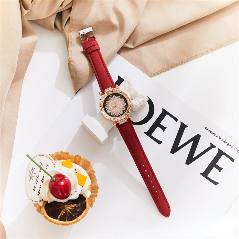 

Starry Sky Diamond Flower Quartz Women's Watch Fashion Watches for Women Leather Strap Quartz Wristwatches Relojes Para Mujer