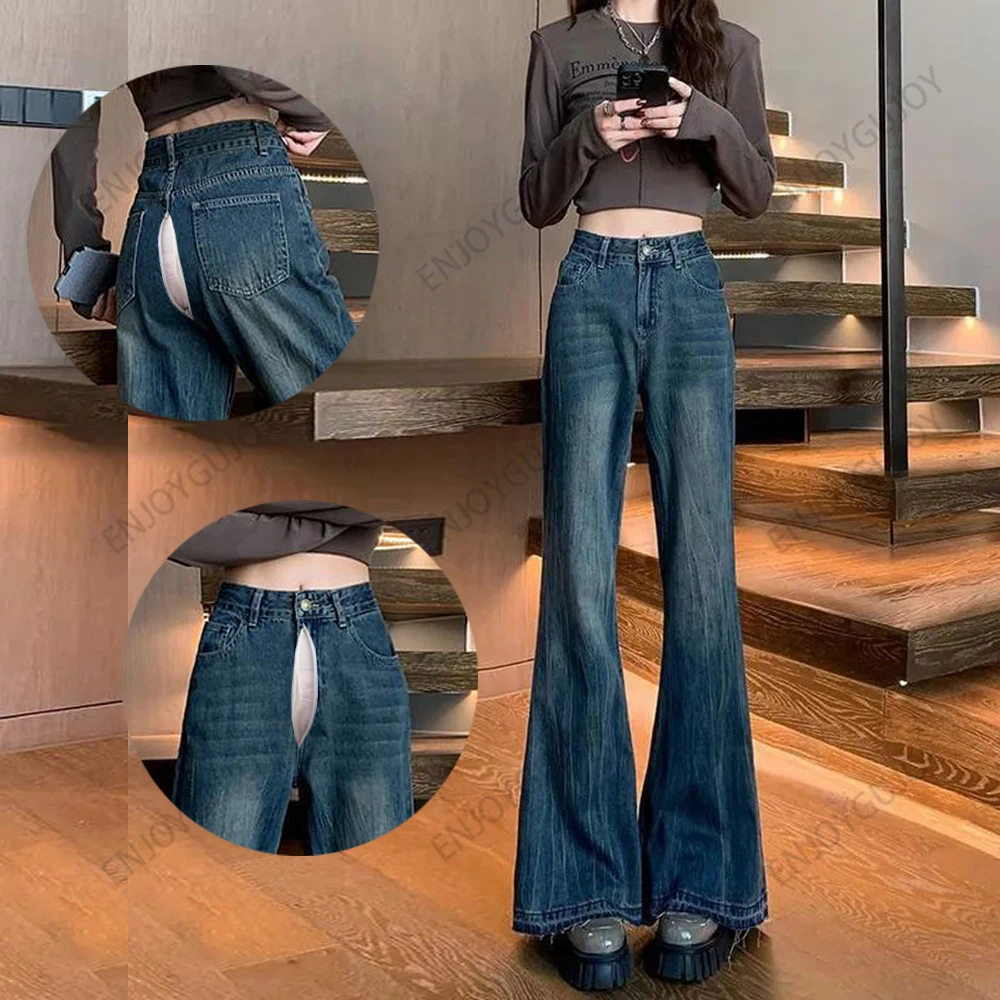 

Женские невидимые джинсы в стиле ретро с открытой промежностью, уличные сексуальные широкие брюки с высокой талией для похудения, микро расклешенные брюки