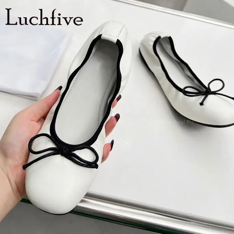 

2024 New Real Leather Bow Knot Ballet Flats Shoes Slip On Round Toe Lazy Loafers Shoes Brand Casual Ladies Dress Shoes Mujer