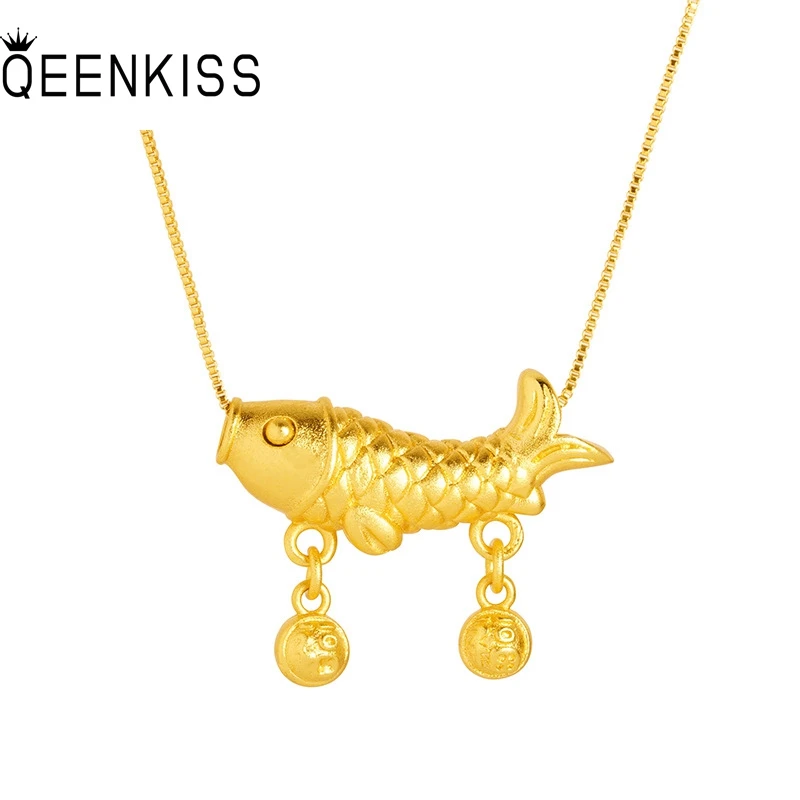 

QEENKISS 24KT Gold Fish Carp Necklace Pendant For Women Fine Jewelry Wholesale Wedding Party Birthday Bride Girl Gifts PT5138