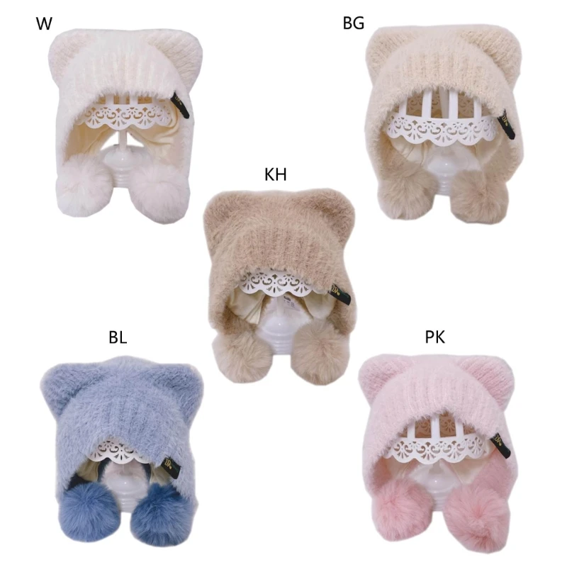 

Cat Ear Baby Cap Solid Color Plush Balls Boys Girls Bonnet Soft Winter Warm Hat Shower Gift for Infants