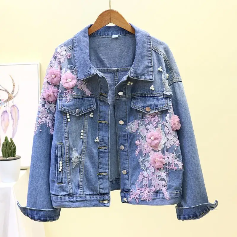 

New Fashion Spring Women Denim Jacket 3D Beading Pink Floral Embroidery Hole Jean Coat Female Causal Outwear Short Jeans TopA973