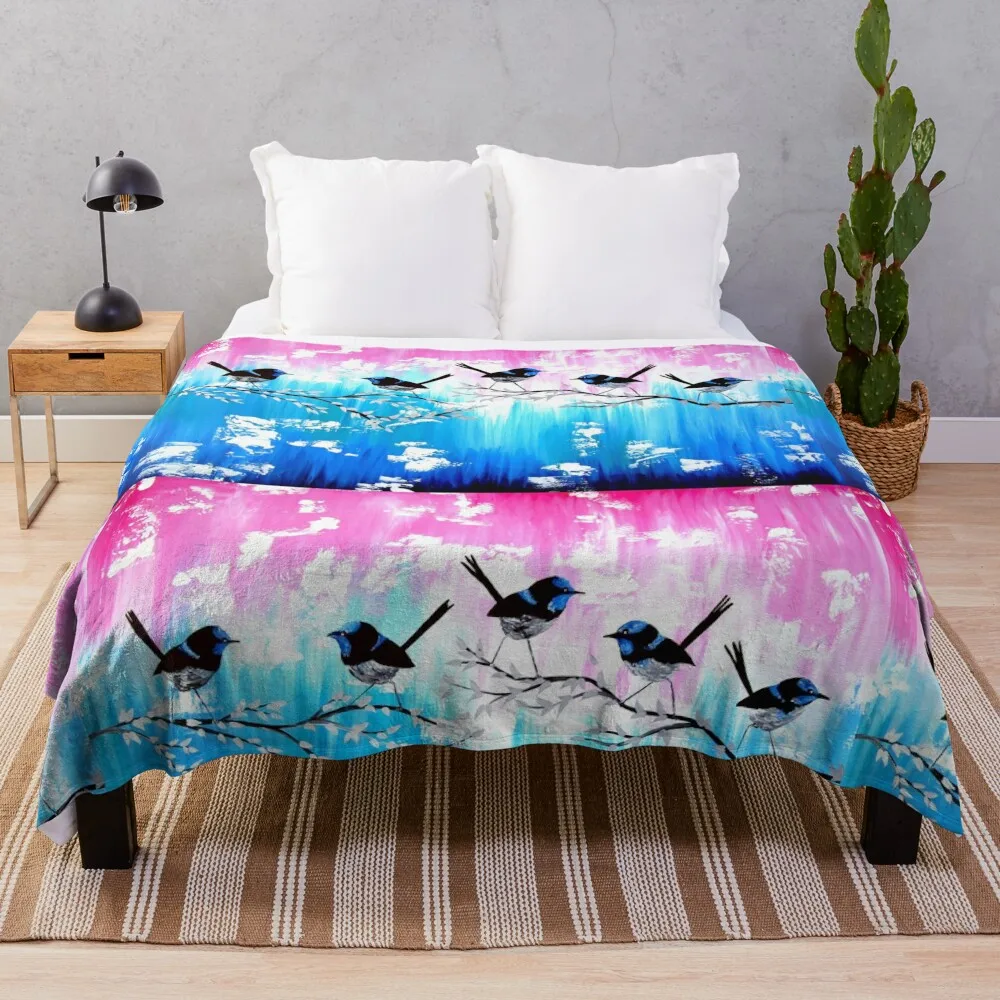 

Blue wrens with abstract painting Throw Blanket Flannels wednesday blankets and throws Decorative Beds Blankets