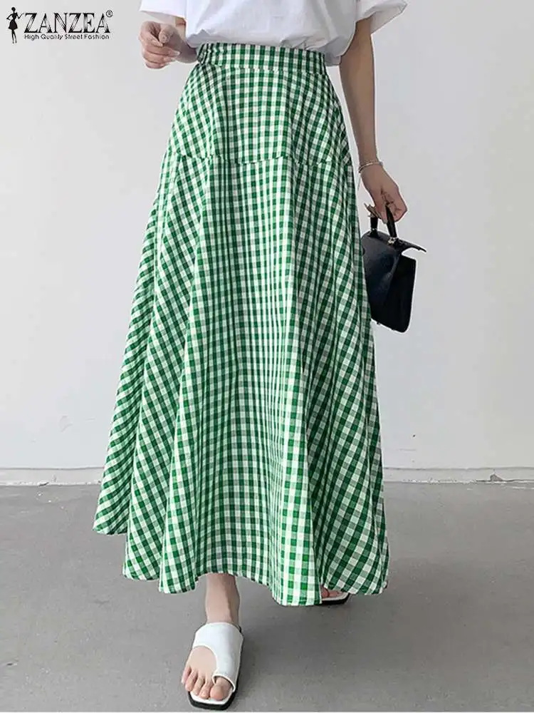 

ZANZEA 2023 Summer Plaid Maxi Skirt Casual Elastic High Waist Women Spliced A-line Skirt Fashion Checked Jupes Oversized Faldas