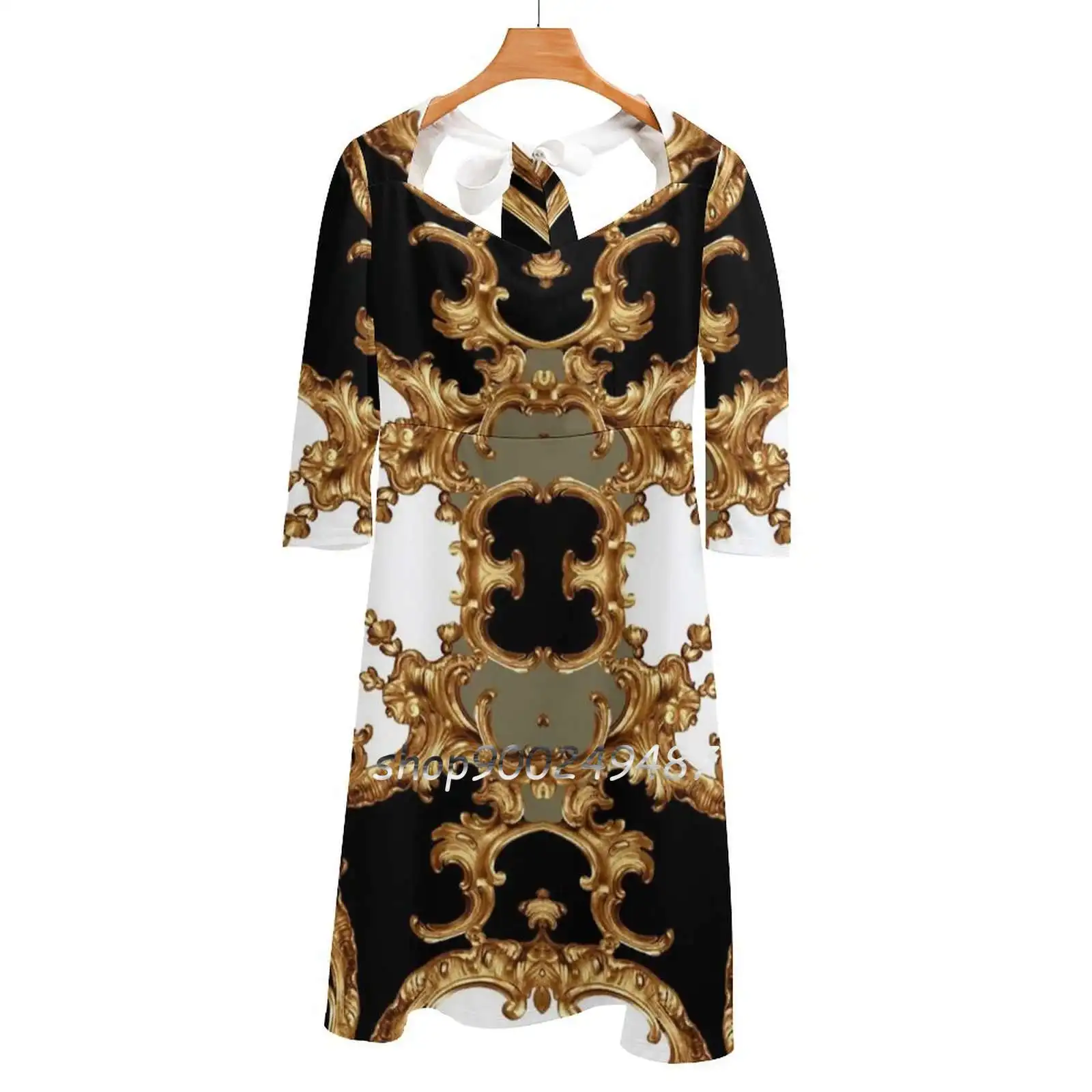 

Golden Ornamental Baroque Symmetrical Sweetheart Knot Flared Dress Fashion Design Large Size Loose Dress Baroque Style Ethnic