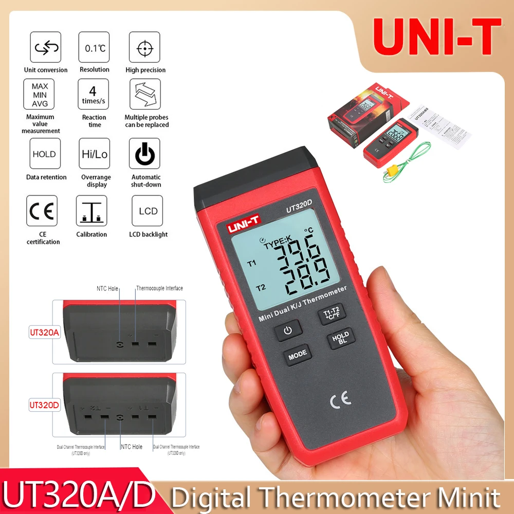 

UNI-T UT320A UT320D -50℃ to 1200℃ Digital Thermometer Mini Dual Contact Thermocouple Type K J High Temperature Meter Tester