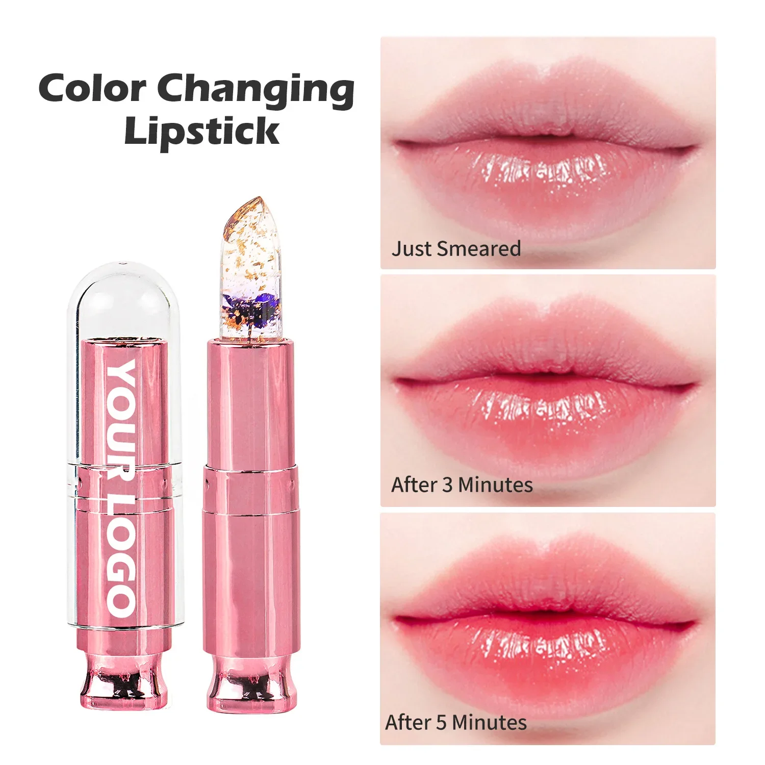 

Private Label Lip Balm Custom Bulk 3.8g Mois Transparent Flower Gold Foil Color Changing Lipstick Pink Tube Remove Dead Skin