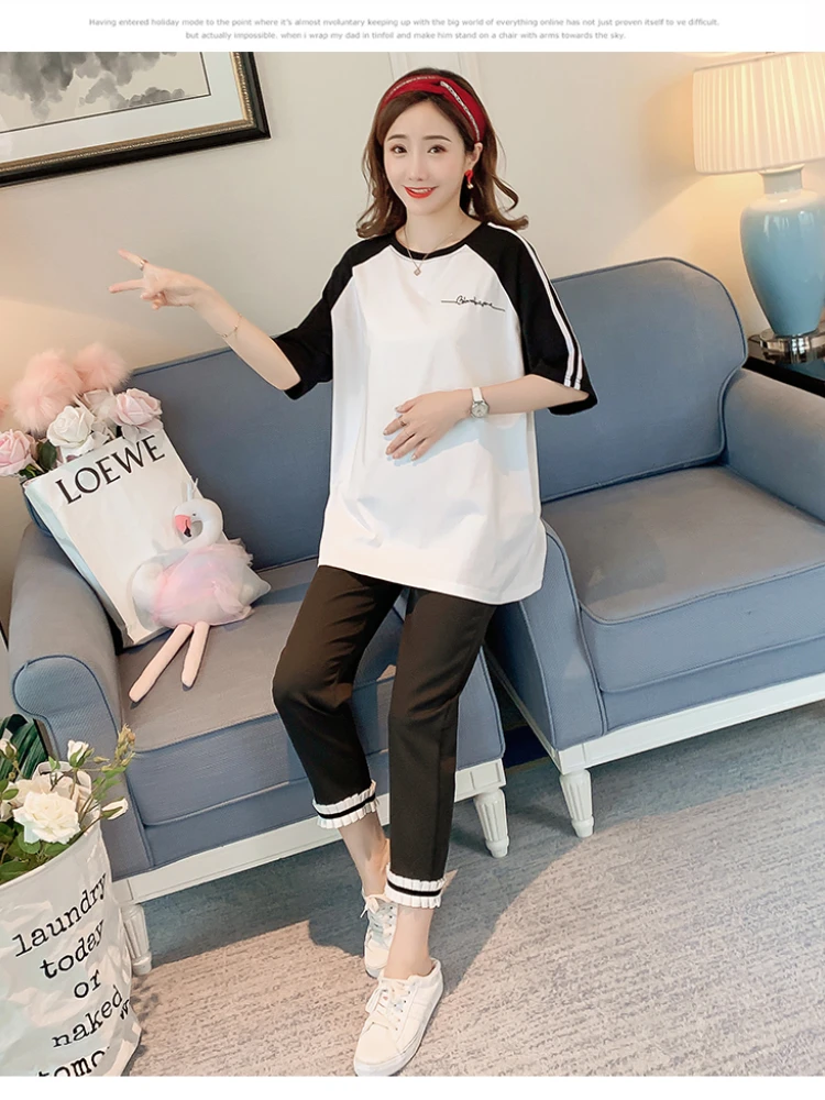 

Pregnant Women Summer Loose Knitted Cotton T-shirts Short Sleeves Abdominal Pants Maternity Clothes Set Casual Pregnancy Twinset
