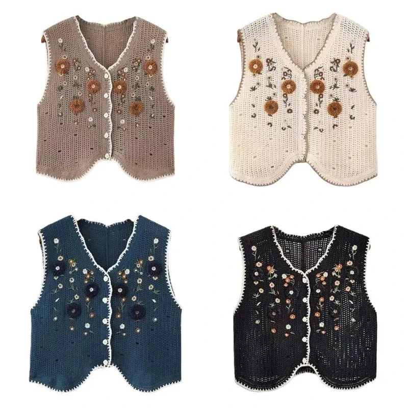 

Vests Women Tender Retro Embroidery Design Elegant Stylish Summer Hollow Out Breathable All-match Casual Ulzzang Floral Ladies