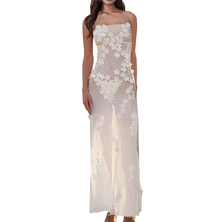 Summer Women's Flower Appliques See-through Tube Long Dress Off-Shoulder Strapless Backless Bandeau Dress for Beach Club
Summer Women's Flower Appliques See-through Tube Long Dress Off-Shoulder Strapless Backless Bandeau Dress for Beach Club