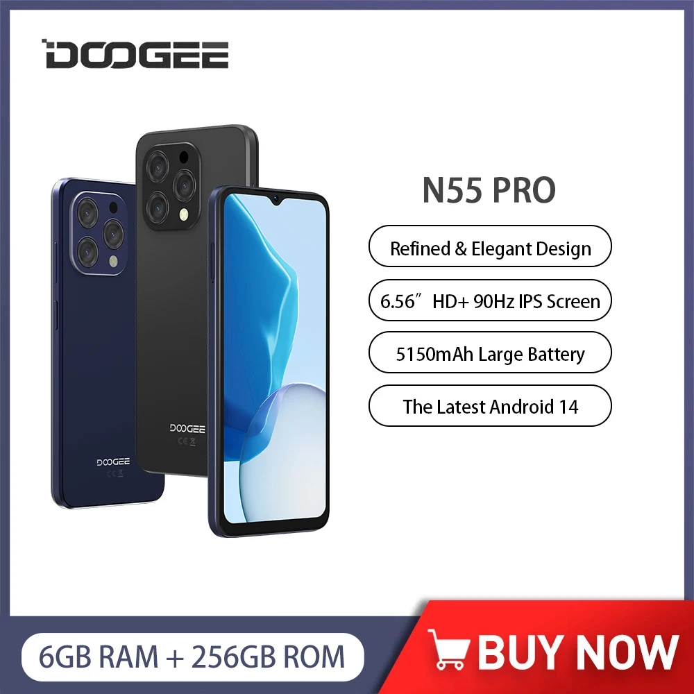 Смартфон глобальная версия DOOGEE N55 Pro, Android 14, 6,56 дюйма, Восьмиядерный, 6 ГБ + 256 ГБ, 5150 мАч, разблокировка по лицу, разблокировка распознаванием L1, 4G 
Смартфон глобальная версия DOOGEE N55 Pro, Android 14, 6,56 дюйма, Восьмиядерный, 6 ГБ + 256 ГБ, 5150 мАч, разблокировка по лицу, разблокировка распознаванием L1, 4G