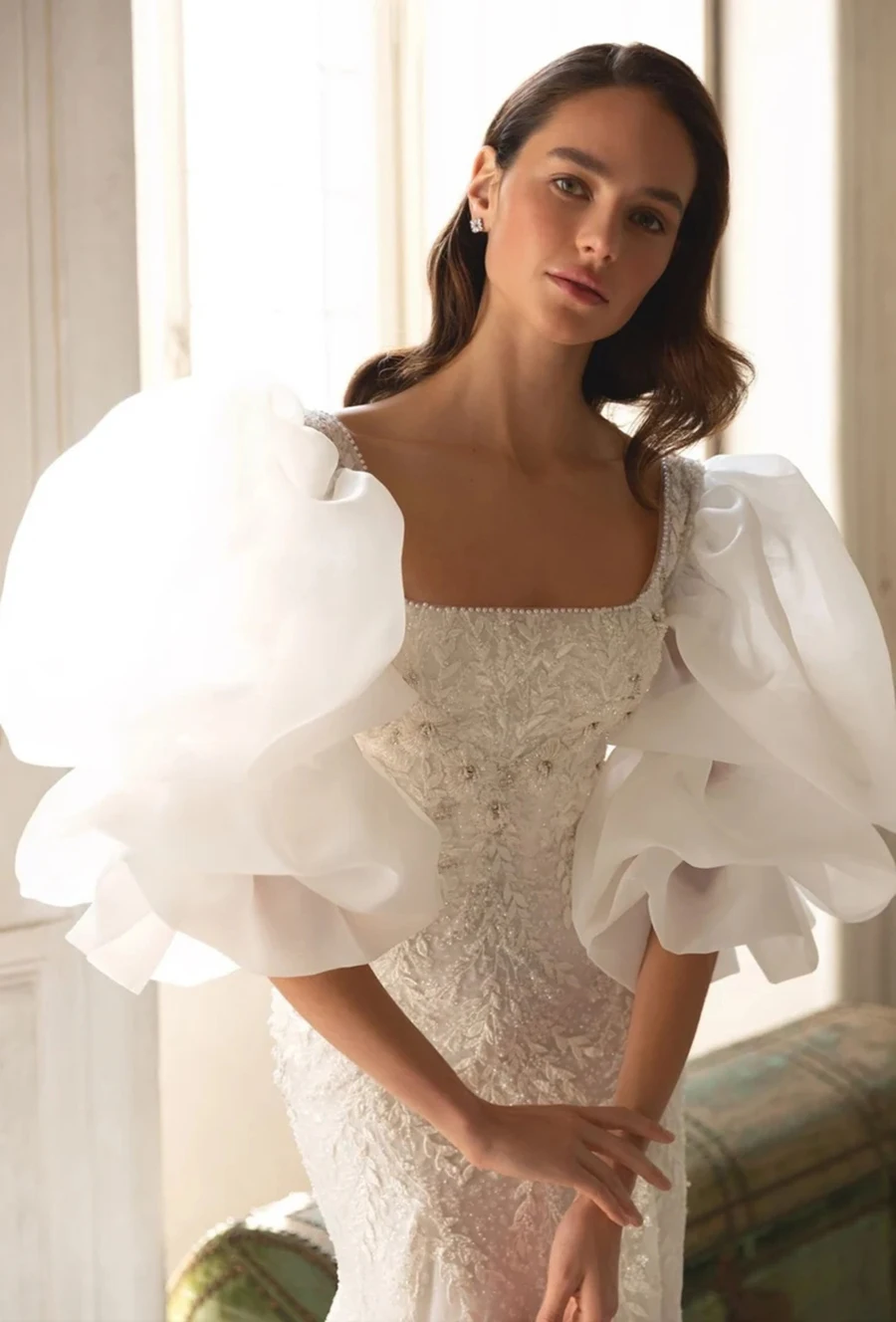 

Wedding Removable Detached Organza Over The Shoulder Layered Puff Half Bicep Sleeves White Accessories Perspective for Woman