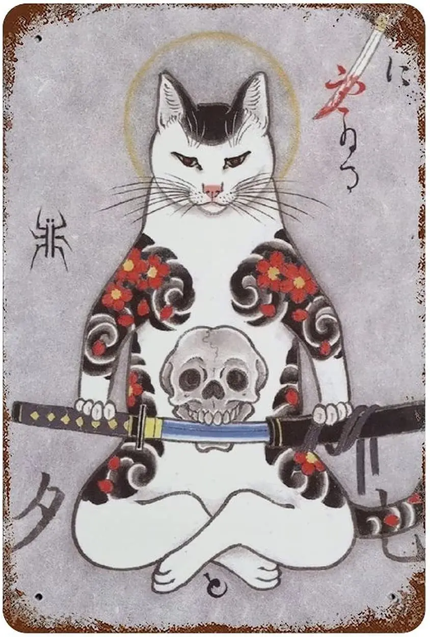 Vintage Japanese Ninja Samurai Cat Tattoo Tin Sign Vintage Cool Cat Metal Sign for Home Bar Office Wall Decor Shop Man
Vintage Japanese Ninja Samurai Cat Tattoo Tin Sign Vintage Cool Cat Metal Sign for Home Bar Office Wall Decor Shop Man