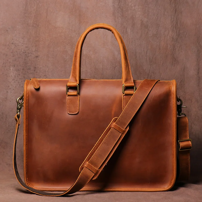 

Men's Bag Crazy Horse Leather Men Briefcase for Laptop 14 Messenger Men's Leather Business Office Bag A4 File