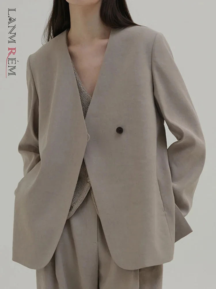 

[LANMREM] Minimalism V Neck Blazers For Women Long Sleeve Office Lady Loose Solid Jackets Fashion 2024 Spring New 26D8925
