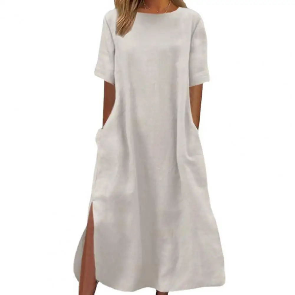 Cotton Linen Dress Elegant Women's Casual Midi Dress with O-neck Short Sleeves Side Split Hem Solid Color Loose Fit Thin for A
Cotton Linen Dress Elegant Women's Casual Midi Dress with O-neck Short Sleeves Side Split Hem Solid Color Loose Fit Thin for A