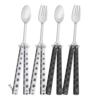 Utensílio de Campanha Colorido e Multifuncional: O Canivete Portátil para Todas as Aventura 11 4 Pcs Butterfly Spoon Folding Stainless Steel Forks And Spoons For Travel Hiking BBQ