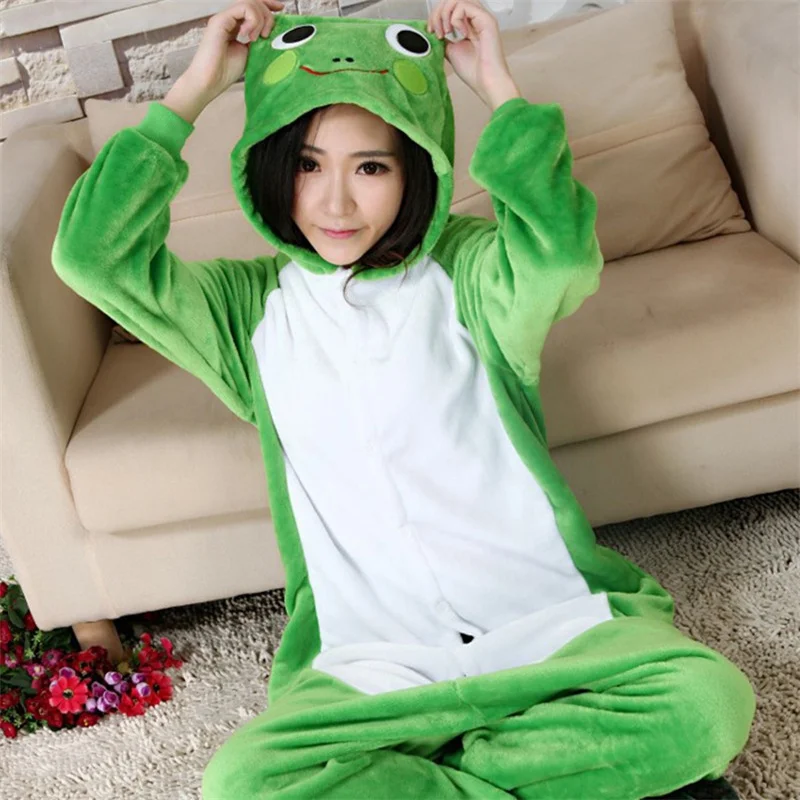 

Kawaii Green Cartoon Frog Onesie Flannel Thermal Cosplay Animal One-piece Pajamas Unisex Couple Sleepwear Hooded Loungewear