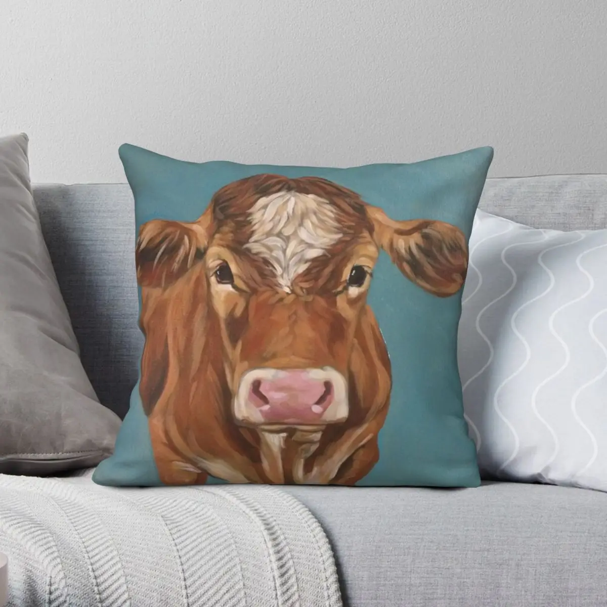 Red Cow On Aqua Square Pillowcase Polyester Linen Velvet Printed Zip Decor Pillow Case Bed Cushion Cover | Дом и сад