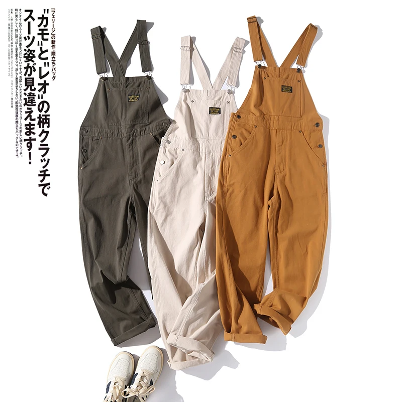 

Amekaji Vintage Japan Casual Overalls for Men 100% Cotton Spring Summer Jumpsuits Bib Pants Youth Male Loose Workwear Streetwear