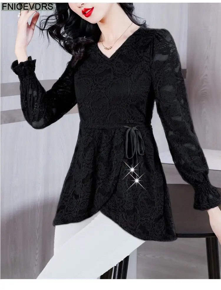 M-4XL Hollow Out Lace Shirts2023 Women European Style Office Lady Drawstring Waist Bow Tie Thick Winter Tunic Peplum Top Blouses M-4XL Hollow Out Lace Shirts2023 Women European Style Office Lady Drawstring Waist Bow Tie Thick Winter Tunic Peplum Top Blouses
