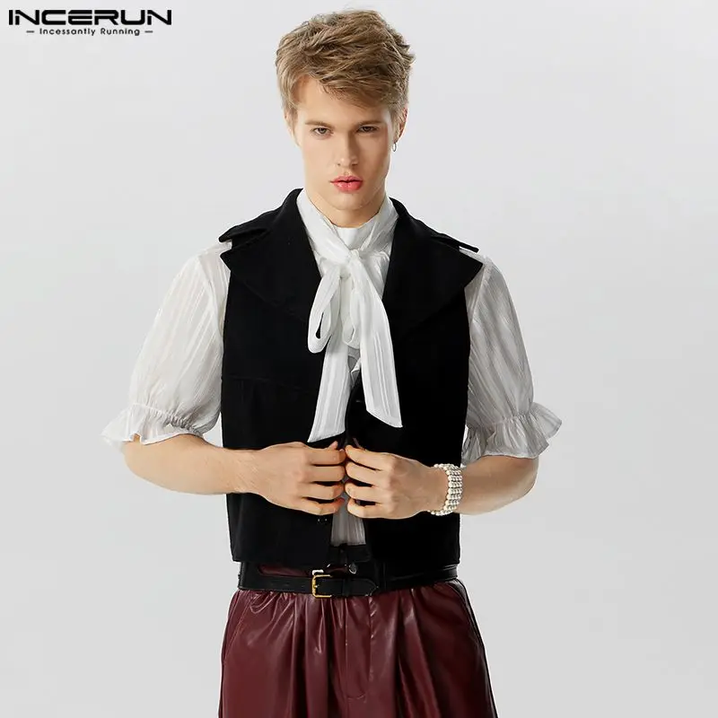 

2024 Men Vests Solid Color Lapel Sleeveless Autumn Button Up Casual Waistcoats Men Streetwear Fashion Crop Vests S-5XL INCERUN