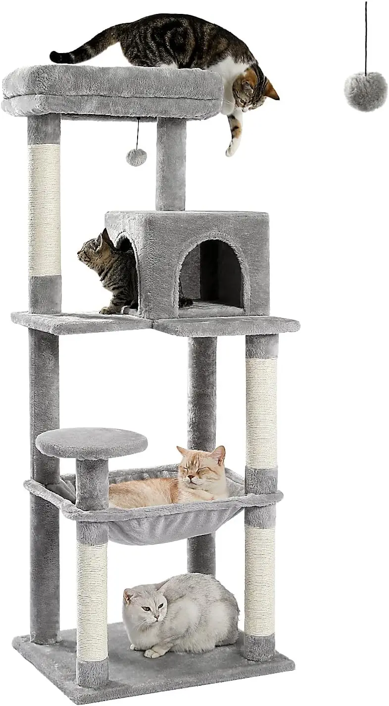 

Cat Tree for Large Cats Adult with Metal Plush Big Hammock, 56.3" Cat TowerZ with 2 Door Condo House, 6-Tier Cat Shelves