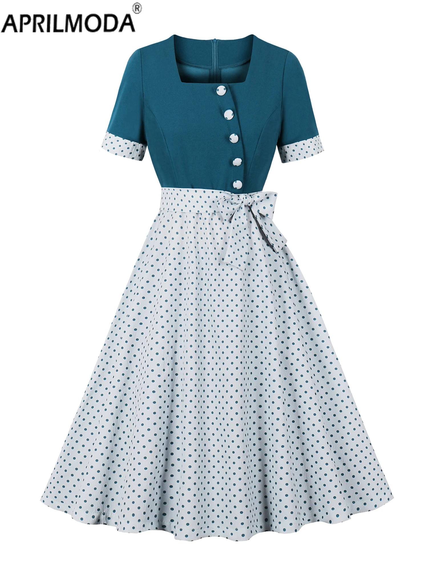 

Elegant 50s 60s Pinup Summer Dress Peacock Blue and Polka Dot Tow Tone Square Neck Button Front Belted Women Vintage Swing Dress