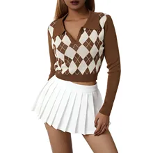 Women Pullover Sweater with Rhombus Pattern, Contrast Color Long Sleeve Short Style Spring Clothing 
Women Pullover Sweater with Rhombus Pattern, Contrast Color Long Sleeve Short Style Spring Clothing