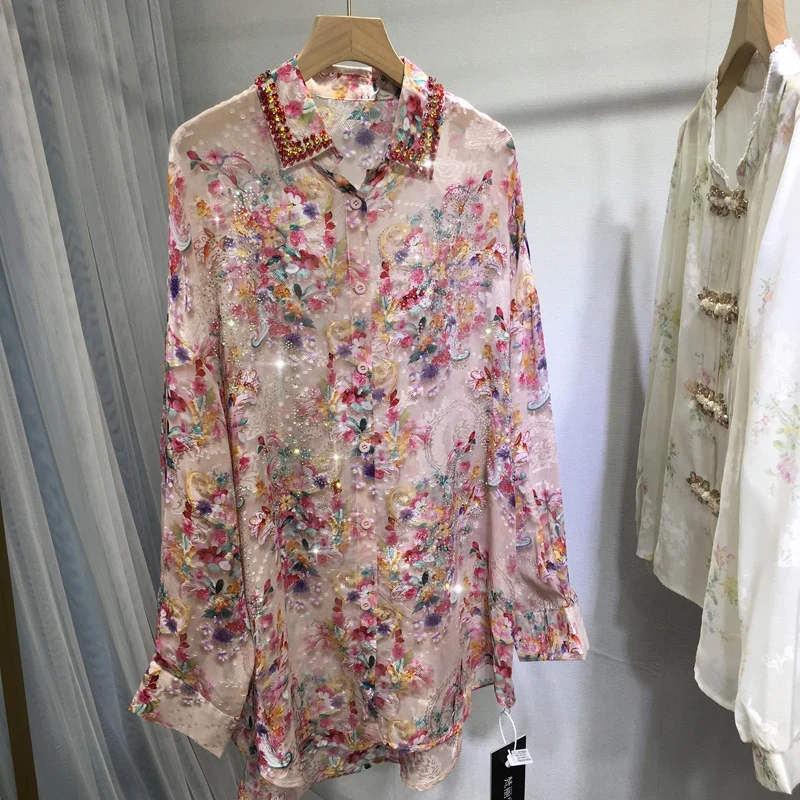 

Luxury Diamonds Beads Women Sunscreen Shirt Summer Mid-long Loose Cardigans Top Casual Long Sleeve Floral Blouses Breathable