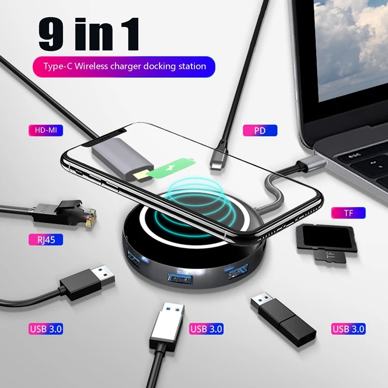 9 в 1, беспроводное зарядное устройство типа C, USB C хаб, док-станция RJ45 +-Совместимость + PD + USB3.0 для
9 в 1, беспроводное зарядное устройство типа C, USB C хаб, док-станция RJ45 +-Совместимость + PD + USB3.0 для