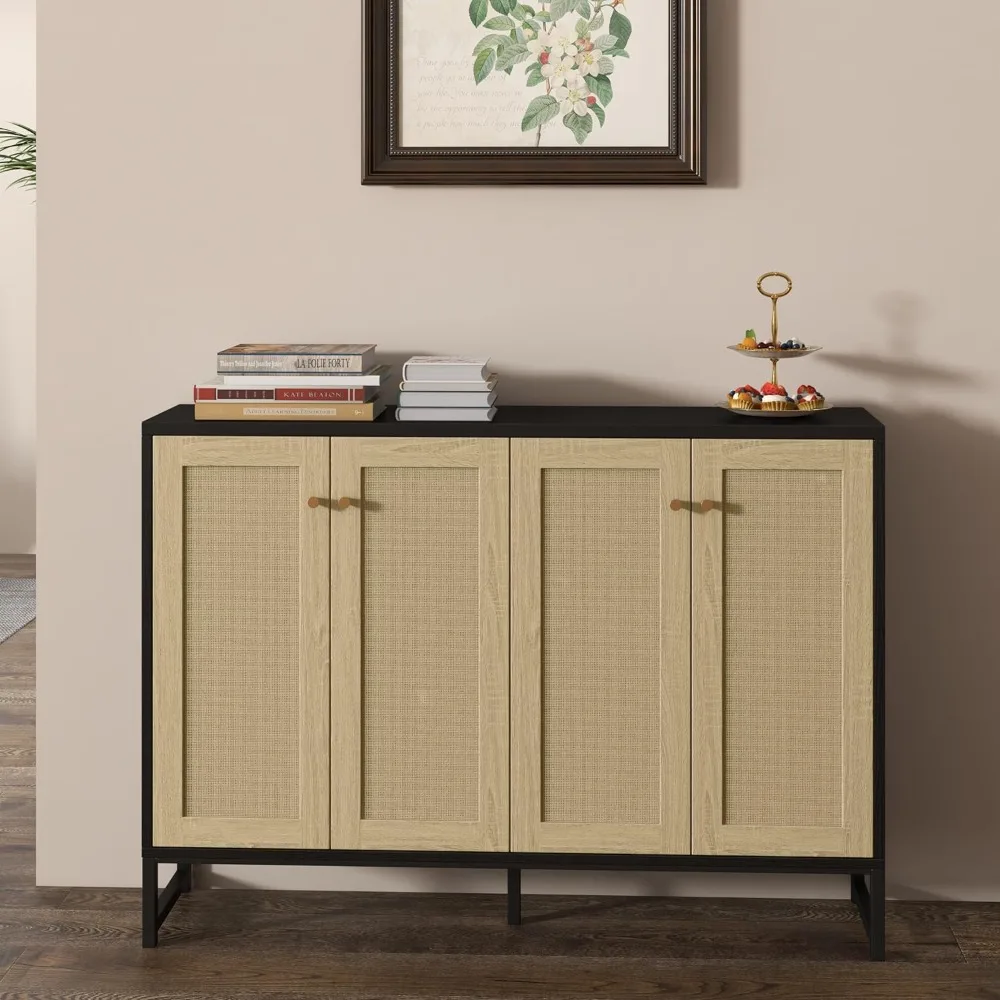 

Sideboard Accent Storage Cabinet With Rattan Decorated 4 Doors Dining Room Freestanding Kitchen Buffet Table Cupboard (Black)