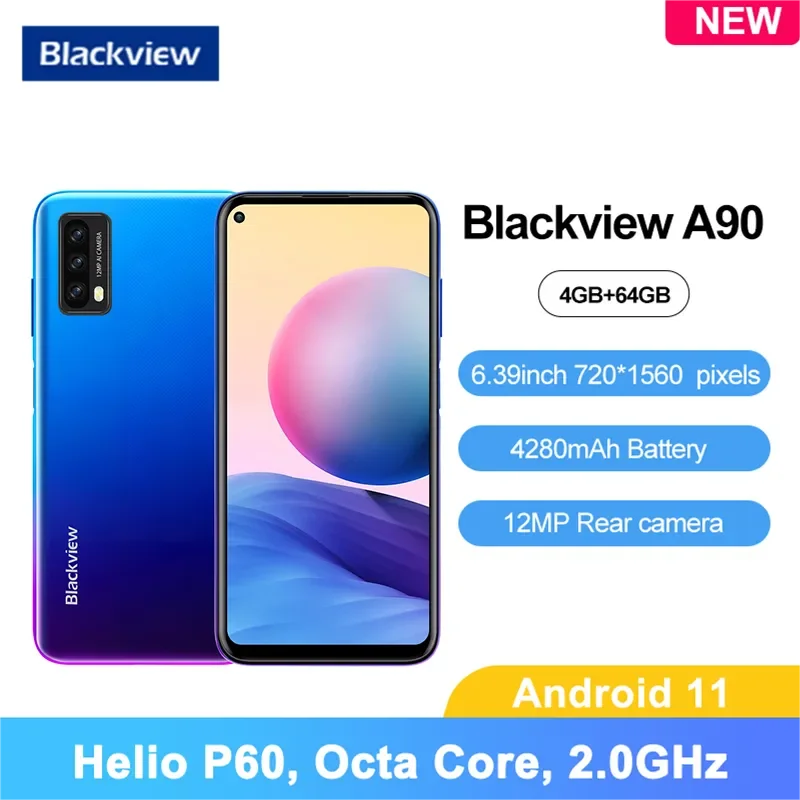 

Blackview A90 4G Smartphone Helio P60 Octa Core 4GB+64GB 6.39 Inch 8MP Android 11 Cell Phone 4280mAh Fingerprint 12MP HDR Camera