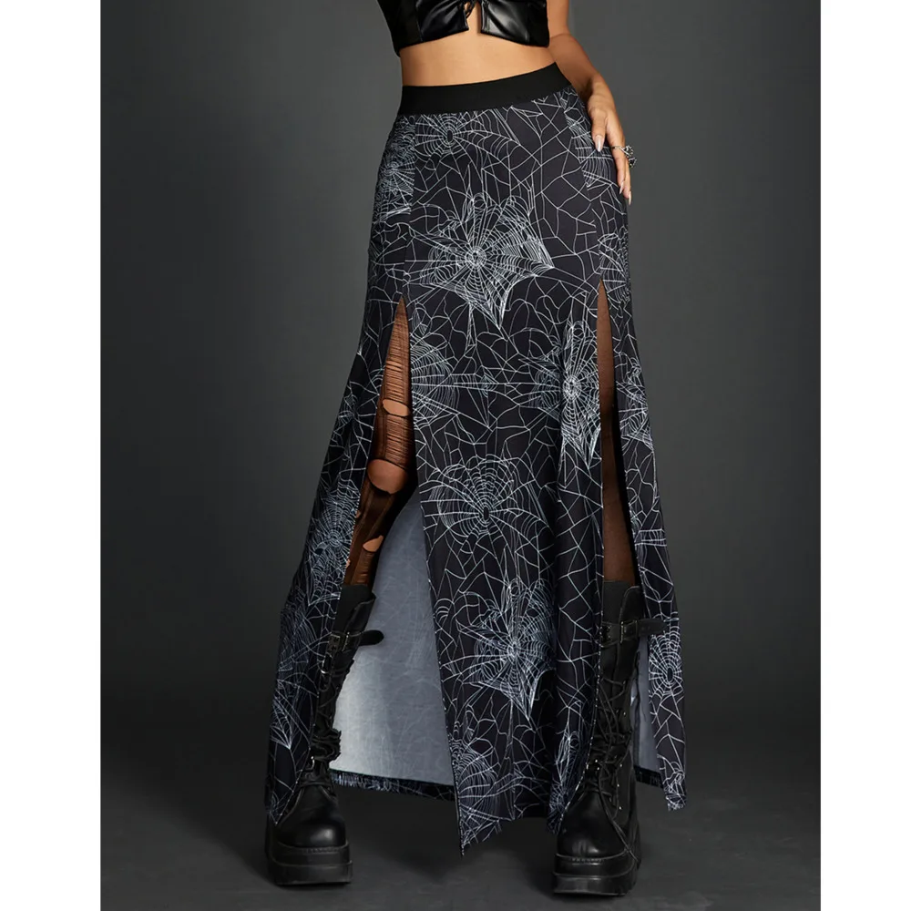 

Ladies Gothic Dark Spider Web Printed Split A-line Half Skirt