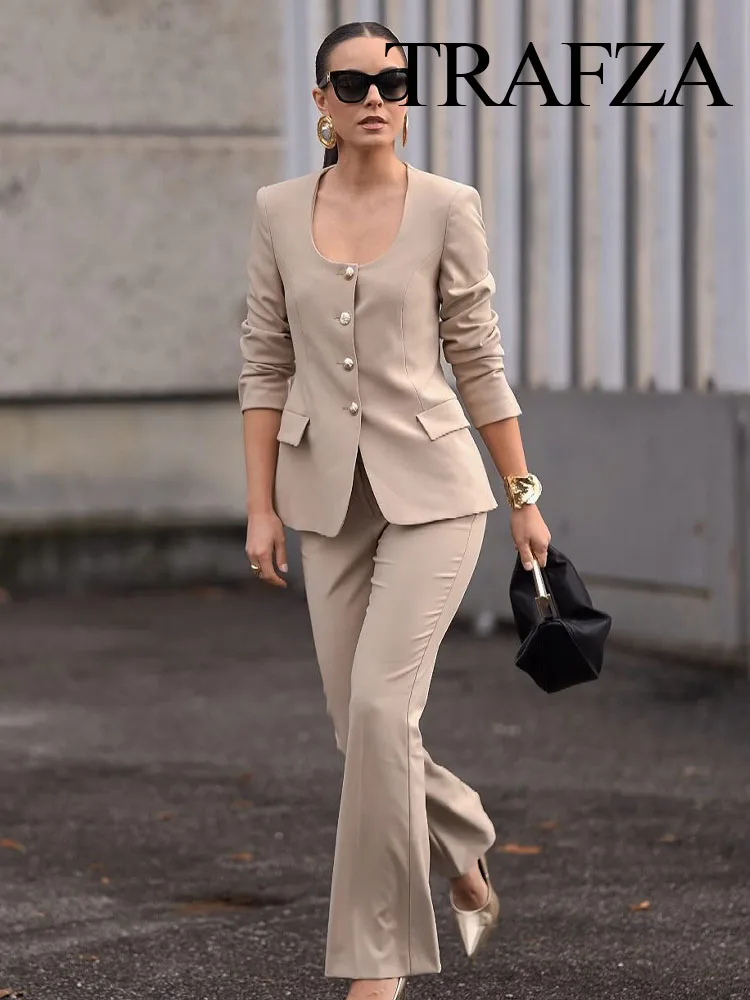 

TRAFZA Elegant Women's Round Collar Metal Button Decorated Blazer + High Waist Elastic Women's Slightly Spicy Zipper Pants Suit