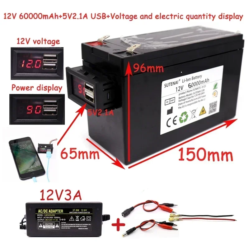 

Power and voltage display 12v60a 18650 lithium battery + 5v2.1a USB for solar, children's car and electric vehicle batteries