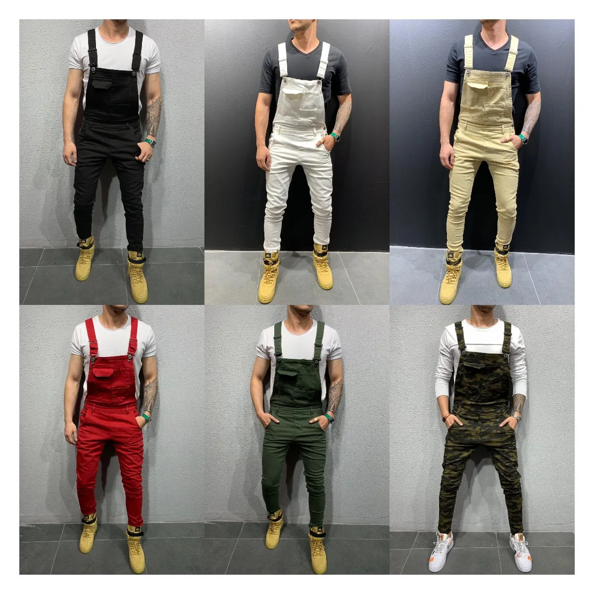 

Men Jeans Overalls Washing Spliced Pockets Pencil Pants Ankle Length One Piece Casual Solid Mid Waist Slim Fit Streetwear