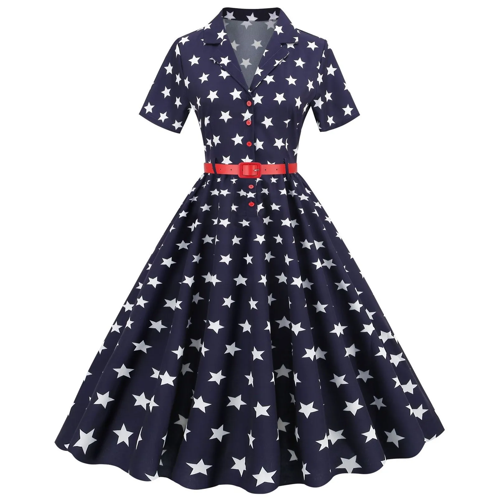 

Retro Women Independence Day Dress 1950s Short Sleeve V Neck Flag Print Party Prom Swing Dress The Fourth Of July Dresses