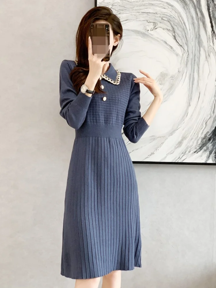 Women Knitted Dress Spring Long Sleeve Turn-Down Collar Elegant High Waist A-Line Office Ladies Medium Length ess
Women Knitted Dress Spring Long Sleeve Turn-Down Collar Elegant High Waist A-Line Office Ladies Medium Length ess