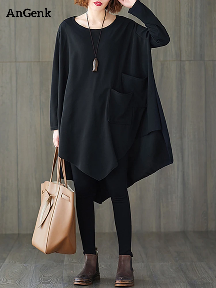 

Женское винтажное асимметричное платье, черное повседневное свободное короткое платье мини с длинным рукавом и карманами, элегантная одежда на весну и осень, 2024