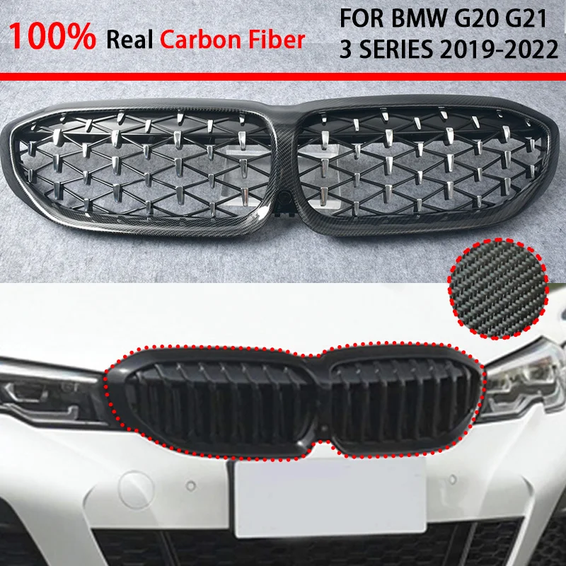 

For BMW 3 Series G20 Sedan G21 G28 Tourer 2019-2022 Front Bumper Grill Sports M Style for Hood Kidney Grille Real Carbon Fiber