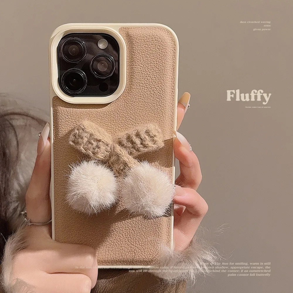 

Leather Case for iPhone, Three-dimensional Bow, Plush Cherry Design, with Skin Touch, iPhone 11, 15 Plus, 12 Pro, 13 Pro Max, 14