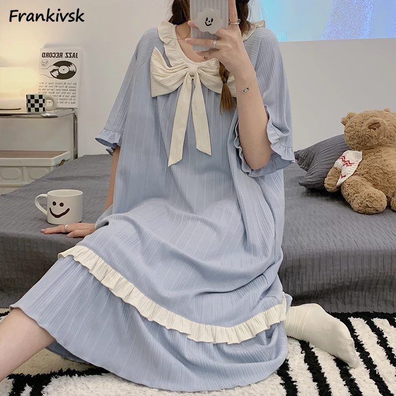 

Bow Nightgowns Women Summer Kawaii Popular Students Mid-calf Spliced Loose Aesthetic Exquisite Half Sleeve Outdoor Fairycore